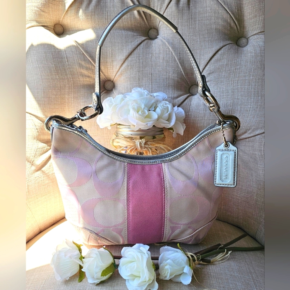 Vintage Coach Signature Jacquard Crescent Hobo Shoulder Bag Purse ( Pink )